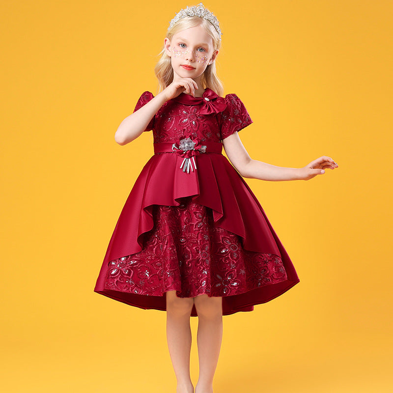 100-150cm 子供用 女の子 ジャカード トレーン ファンシードレス 蝶ネクタイカラー プリンセス 半袖 サテン パフィードレス