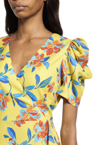 Short Puff Sleeve Ruffled Asymmetrical Floral Faux Wrap Midi Casual Dress