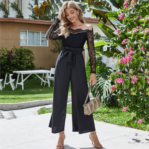 2022 Autumn Lace Spliced Slim Long Sleeve Off Shoulder Wide Leg Jumpsuit