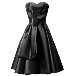 Short Tie Knot Strapless Satin Elegant Black Party Evening Dress