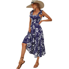 Load image into Gallery viewer, Spring Summer Print Blue Floral High Waist Long Spaghetti Casual Dress

