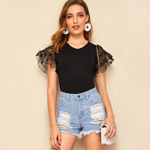 Short Sleeve Casual V neck Dot 2-layer Tulle Lace Jersey Spliced T Shirt