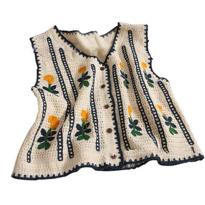 ノースリーブ クロシェ コントラスト 刺繍 中空ニット ベスト カーディガン