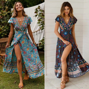Boho Bohemian Floral Printed Wrap V Neck Short Sleeve Split Beach Party Maxi Dress