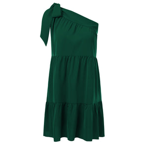 One Shoulder Tie Ruffle Ruched French Style Chiffon Casual Dress
