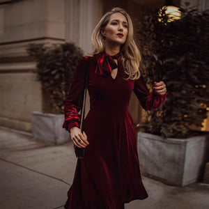 Gorgeous Velvet V Neck A-Line Long Sleeve Burgundy Dress