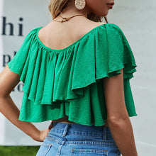 Load image into Gallery viewer, Solid Round Neck Ruched Asymmetrical Crop Sexy Short Blouse Top
