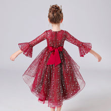 Load image into Gallery viewer, 110-160cm Girls Bell Sleeve Long Train Red Princess Event Performance Dress
