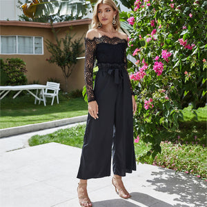 2022 Autumn Lace Spliced Slim Long Sleeve Off Shoulder Wide Leg Jumpsuit