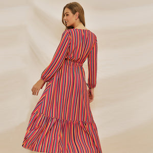 Long Sleeve colorful sexy V neck stripe ruffle dress
