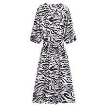 Load image into Gallery viewer, 2022 Autumn Animal Zebra Print Belted V Neck Single Breasted Midi Casual Dress

