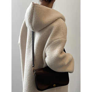 Hooded Faux Sherpa Long Oversized Horn Button Shearling Coat
