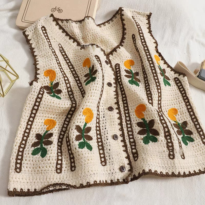 ノースリーブ クロシェ コントラスト 刺繍 中空ニット ベスト カーディガン