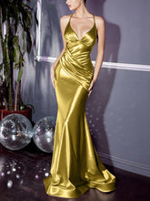 Load image into Gallery viewer, Slim Gold Backless Mermaid Long Spaghetti Strap Evening Dress

