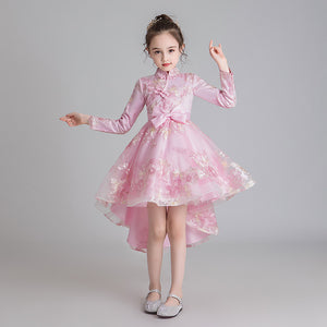 110-160cm 子供用 長袖 秋 エスニックスタイル シノワズリ チャイナドレス チュール プリンセスドレス ジュニア パフォーマンスドレス