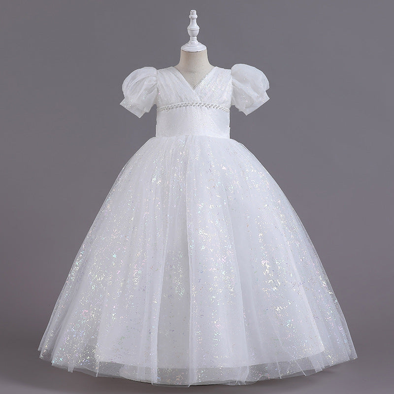 120-170cm 子供用 女の子 ロング ウェディング フラワーガールドレス パフィーチュール プリンセス ランタンスリーブ ジュニア 子供の日 パフォーマンス ファンシードレス