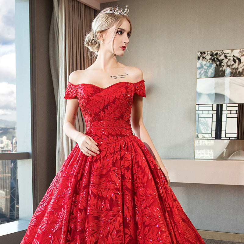 Off Shoulder Red Lace Plus Size Slim Big Train Wedding Evening Dress