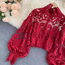 Load image into Gallery viewer, Ladies Elegant Lace Hollow Out Stand Collar Long Lantern Puff Sleeve Loose Sexy Blouse with Inner Tank Top
