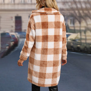Women Autumn Winter New Design Casual Faux Shearling Midi Long Plaid Shirt Coats