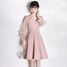 Load image into Gallery viewer, Pink Spliced Three Quarter Sleeve Flare Party Dress Short Bridesmaid Evening Dress
