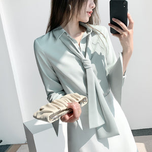 女性用長袖シフォン取り外し可能リボンホワイトシャツ