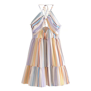 Colorful Striped Halter Neck Tie Backless Mini Casual Dress