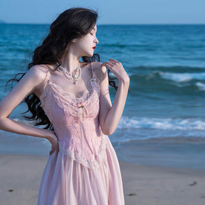 2022 Summer Ladies New Design Solid French Vintage Midi Rose Fairy Tank Slip Fluffy Elegant Princess Belle Dress