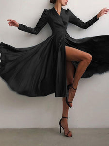 Silk-like Long Sleeve Wrap Satin A Line Notched Collar Pleated Formal Evening Dress
