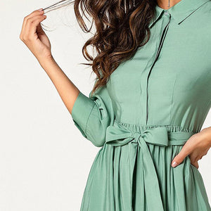 Green elegant elbow sleeve lace belted long button shirt dress