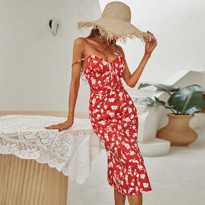 Sping Summer Floral A Line Red Spaghetti Midi Casual Dress