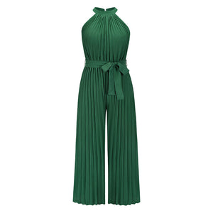 2022 Summer Sexy Halter Neck Sleevelesss Pleated Long Wide Leg Jumpsuit