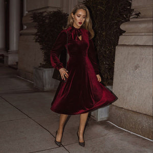 Gorgeous Velvet V Neck A-Line Long Sleeve Burgundy Dress