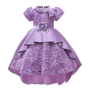 100-150cm 子供用 女の子 ジャカード トレーン ファンシードレス 蝶ネクタイカラー プリンセス 半袖 サテン パフィードレス