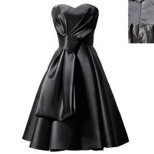 Short Tie Knot Strapless Satin Elegant Black Party Evening Dress