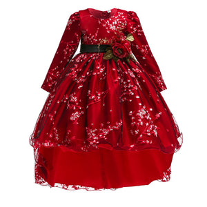 110-170cm Kids Little Girls Long Sleeve Train Printed Flower Performance Puffy Dress