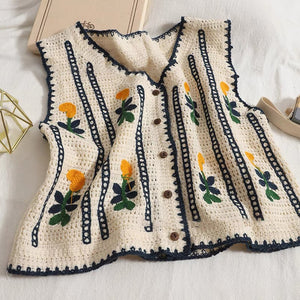 ノースリーブ クロシェ コントラスト 刺繍 中空ニット ベスト カーディガン