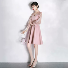 Load image into Gallery viewer, Pink Spliced Three Quarter Sleeve Flare Party Dress Short Bridesmaid Evening Dress
