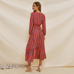 Long Sleeve colorful sexy V neck stripe ruffle dress
