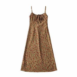 Three Colorway Vintage Floral Slim Tie Spaghetti Casual Dress