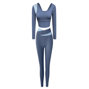 2022 Autumn Winter New Design Spliced Gym Long Sleeve T shirt Legging Yoga Sports Two Piece Set