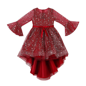 110-160cm Girls Bell Sleeve Long Train Red Princess Event Performance Dress