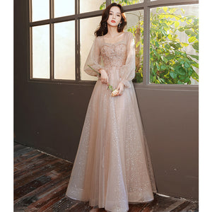 Elegant Long Sleeve Autumn Glittering Beaded Embroidery Champagne Evening Dress