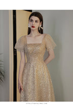 Load image into Gallery viewer, Puff Short Sleeve Elegant Sequin Midi Celebrity Engagement Bridal Evening Dress

