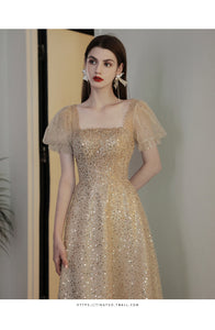 Puff Short Sleeve Elegant Sequin Midi Celebrity Engagement Bridal Evening Dress