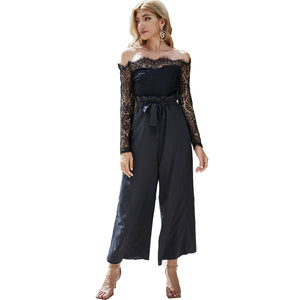 2022 Autumn Lace Spliced Slim Long Sleeve Off Shoulder Wide Leg Jumpsuit