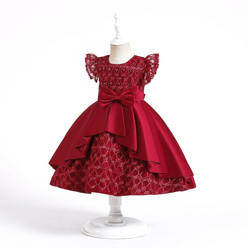 100-150cm Kids Little Girls Embroidered Frilled Flying Sleeve Princess Performance Puffy Bowknot Satin Dress