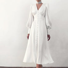 Load image into Gallery viewer, Long Sleeve Satin Lantern Sleeve Slim Waist Long Flare Midi Casual Dress
