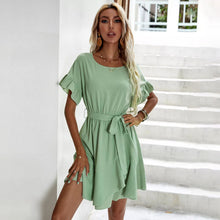 Load image into Gallery viewer, Summer Vintage Sage Green Ruffled A Line High Waist Belted Green Slim Mini Boho Dress
