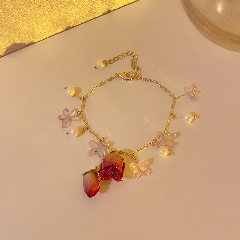 Flower Pearl Bracelet Tassel Earrings Necklace Sweet Fashion Elegant Jewelry Set 3-pcs Set