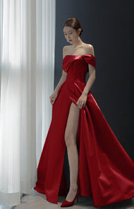 2022 New Design French Style Off Shoulder Asymmetrical Satin Celebrity Banquet Evening Dress